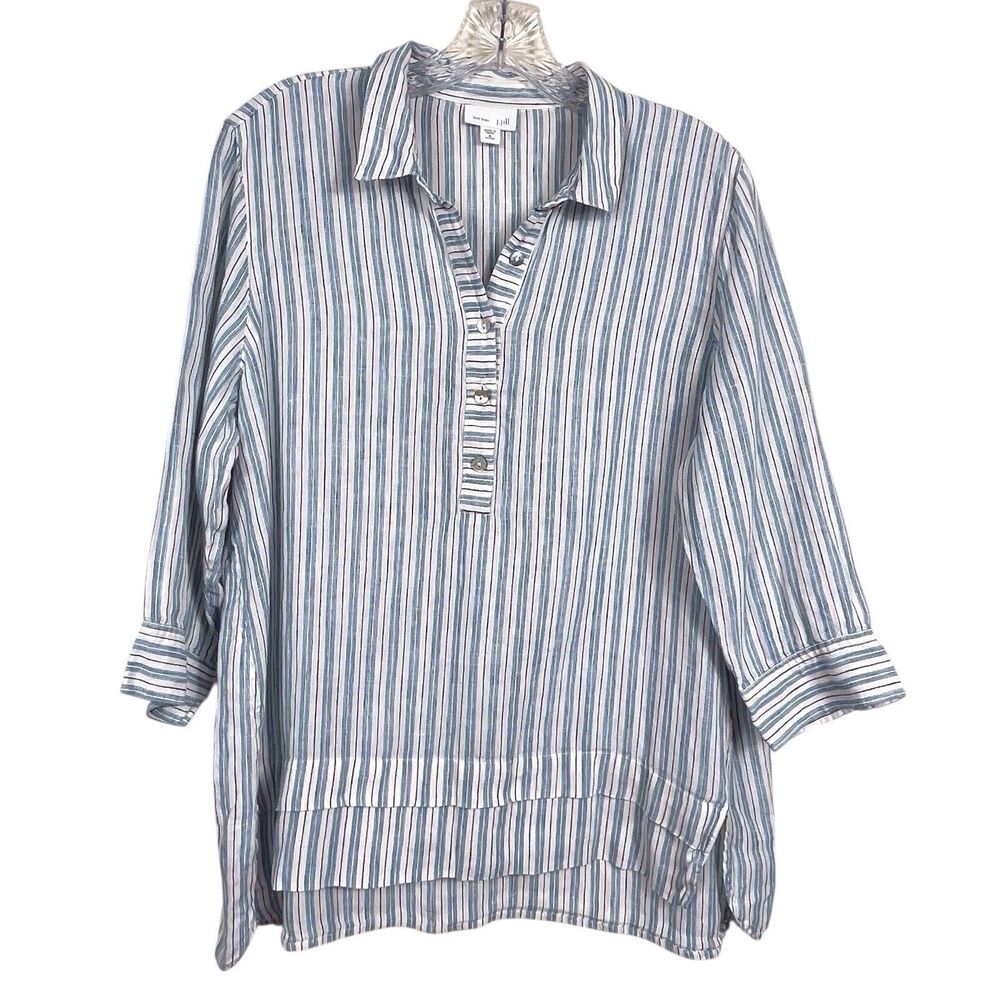 J.Jill Love Linen Striped Popover Tunic Petite Medium Blue - Picture 2 of 16